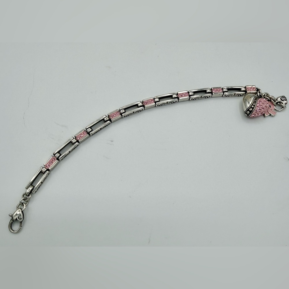 BRIGHTON Pink Ribbon Breast Cancer Awareness Charm Bracelet Silver Crystal Heart - Picture 4 of 7
